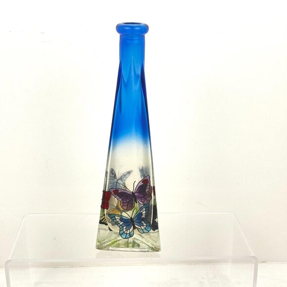 Joan Baker Designs Vtg Cobalt Art Stained Glass Bud Vase Butterflies Faith Hope - Picture 3 of 10